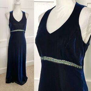 90s VTG Metallic Blue Evening Gown Dress Iridescent Rhinestones by Betsy & Adam
